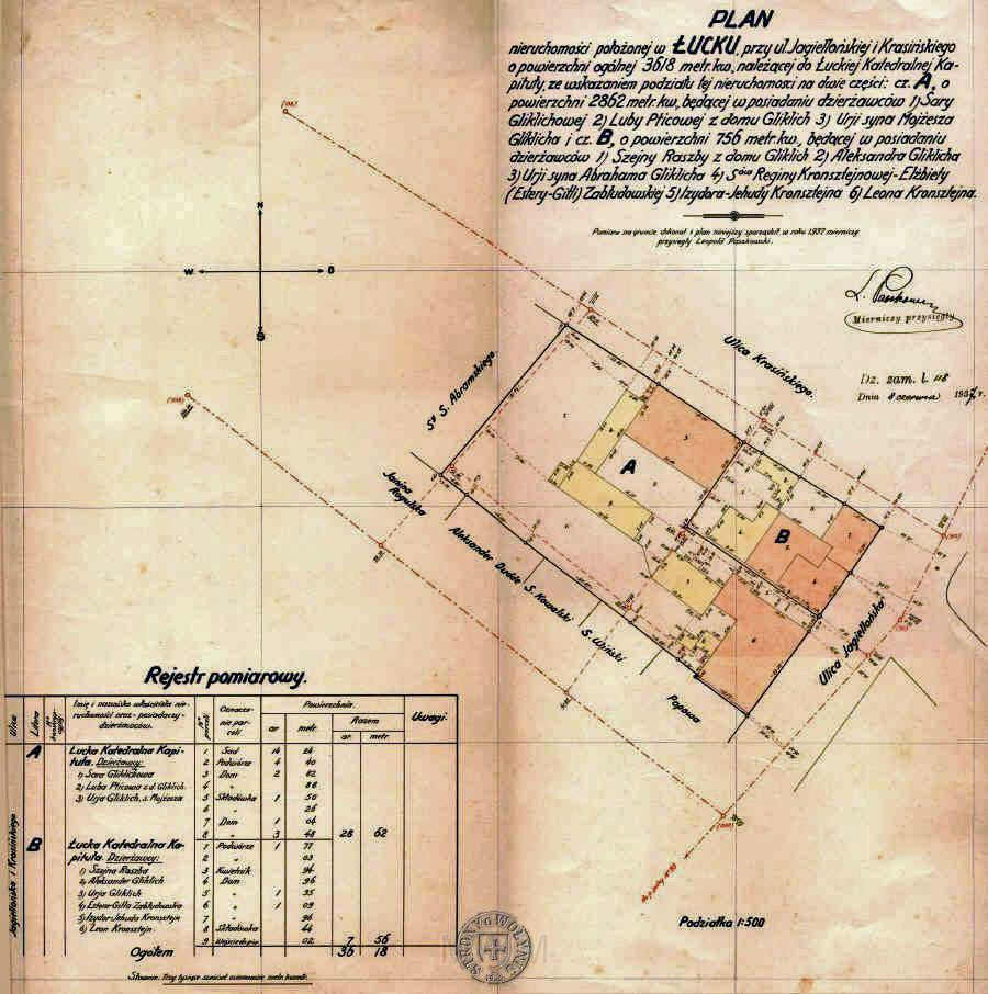 KKE 5973.jpg - Dok. Plan Nieruchmości należący do Kapituły katedralnej wykonany przez Leopolda Kleofasa Paszkowskiego, Łuck, ulica Jagielońska, 1937 r.